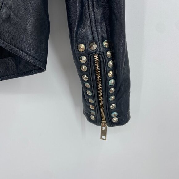ZARA Black Lambskin Gold Tone Studded Collar Asymmetrical Zip Moto Jacket Small - Picture 7 of 7